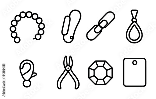 Jewelry design outline icons set – elegant accessories and crafting tools for fashion styling: bead necklace, safety pin, chain, earring, clasp, pliers, gemstone, pendant.