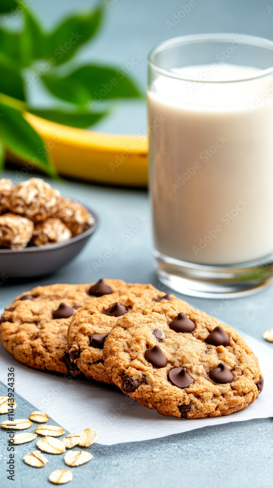 Chocolate chip cookies and a glass of milk on a table, with oats, a banana, and a bowl of snacks in the background. Chocolate chip cookies and a glass of milk on a table, with oats, a banana, and a bowl of snacks in the background.