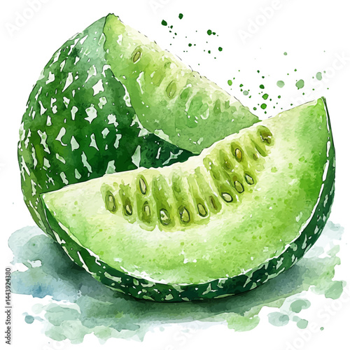watercolor of Honeydew Melon Wedges, vector, isolated on a white background.