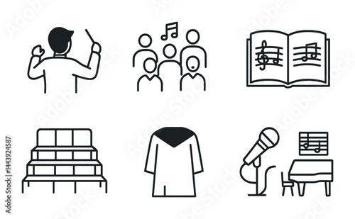 Music education outline icon set – line style teaching, learning, and choir symbols for musical instruction: conductor, choir, sheet music, risers, robe, microphone, piano