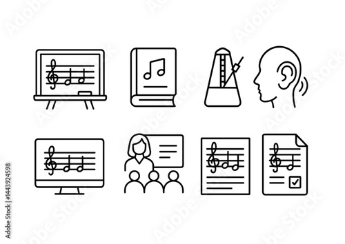 Music learning outline icon set – flat style education tools for music study: sheet music, book, metronome, ear, classroom, computer, teacher, notes.