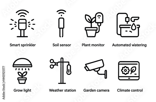 Smart gardening outline icons set – linear style for urban farming, home automation, and sustainable gardening tools: smart sprinkler, soil sensor, plant monitor, garden camera.