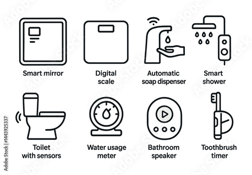 Smart bathroom technology outline icons set – linear style home automation, and tech gadgets symbols for modern living: smart mirror, digital scale, smart shower, toilet sensor