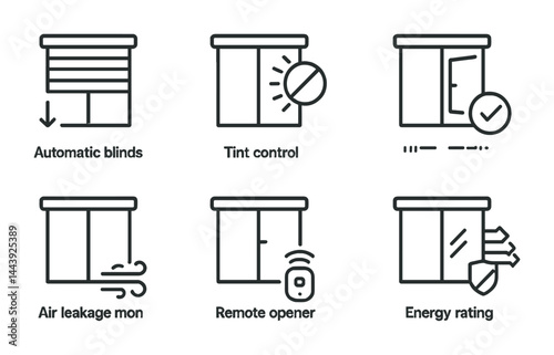 Smart home window control icons set – outline style automation, energy efficiency, and remote control symbols: automatic blinds, tint control, air leakage monitor, remote opener, energy rating,