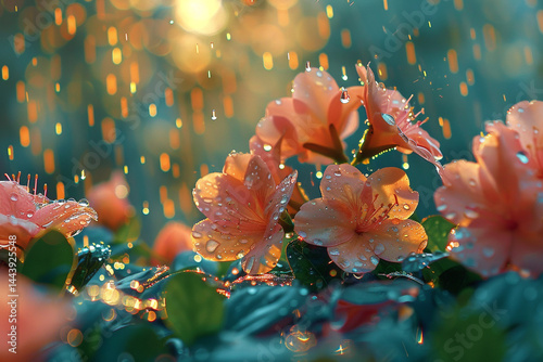 Witness mesmerizing beauty of rain and flowers in realistic harmonious dance, where delicate droplets lovingly caress petals, reflecting splendor of their surroundings and turning blossoms into radian