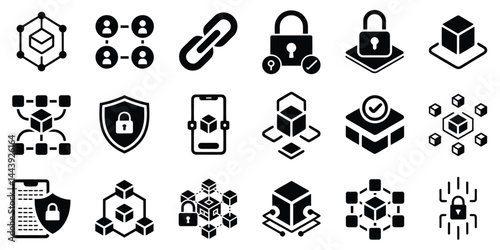 Blockchain Security Icons Set - Decentralized Network, Data Protection, Digital Ledger Technology