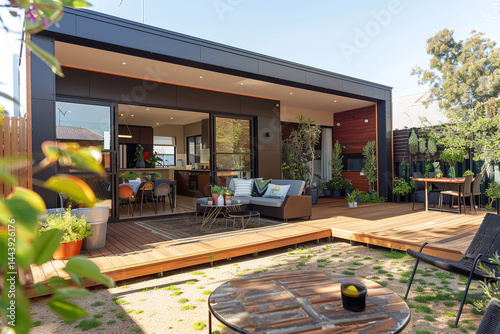 Fototapeta Naklejka Na Ścianę i Meble -  renovation of a modern home extension in Melbourne showcases an impressive expansion, featuring a spacious deck, inviting patio, and charming courtyard area, creating a perfect blend of indoor and out