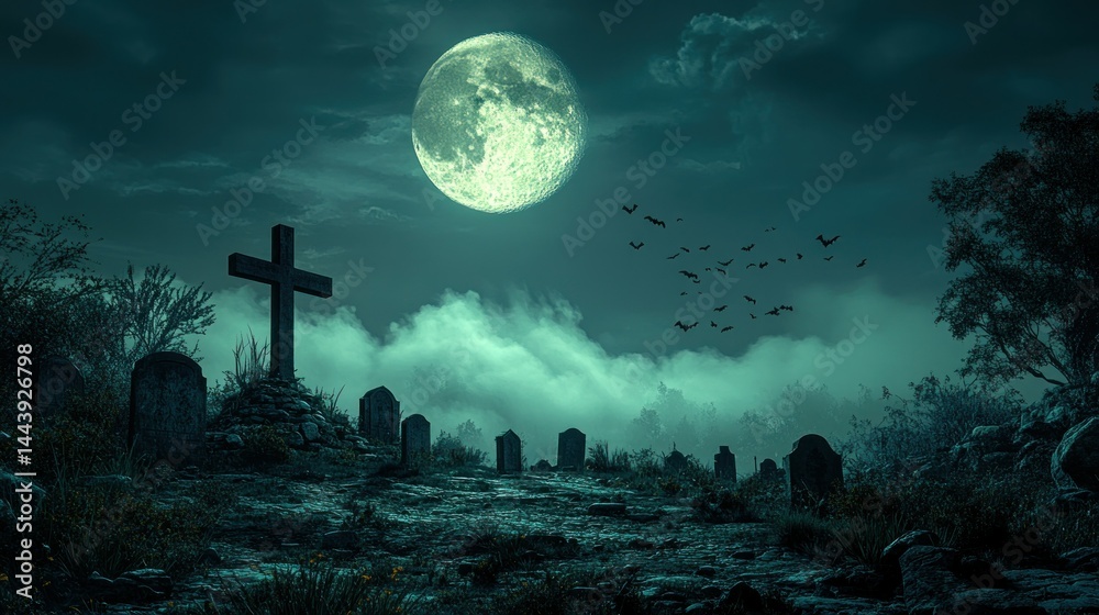 Fototapeta premium Spooky graveyard at night under a full moon
