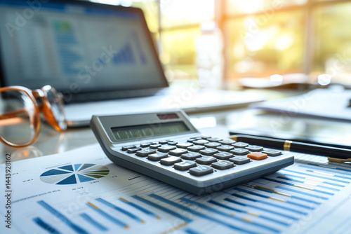 The auditor's desk displays a calculator and financial statement, highlighting the essential tools and documents used in the accounting and audit business    