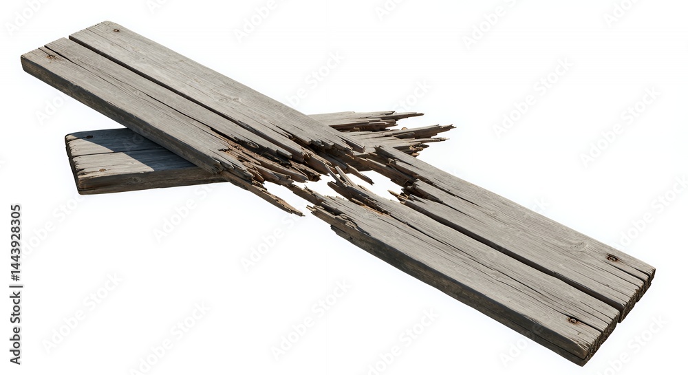 Collapsed Wooden Bridge Plank Showcasing Splintered Wood and Rot Isolated on White Background Symbolizing Loss of Passage Damage and Decay Weathered Texture