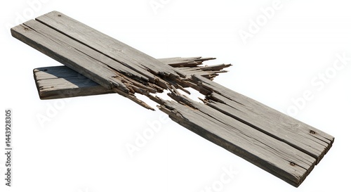 Obraz na płótnie Collapsed Wooden Bridge Plank Showcasing Splintered Wood and Rot Isolated on White Background Symbolizing Loss of Passage Damage and Decay Weathered Texture w salonie