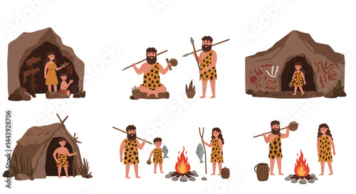 Prehistoric Human Evolution – Cavemen Activities and Stone Age Lifestyle in Educational Illustration
