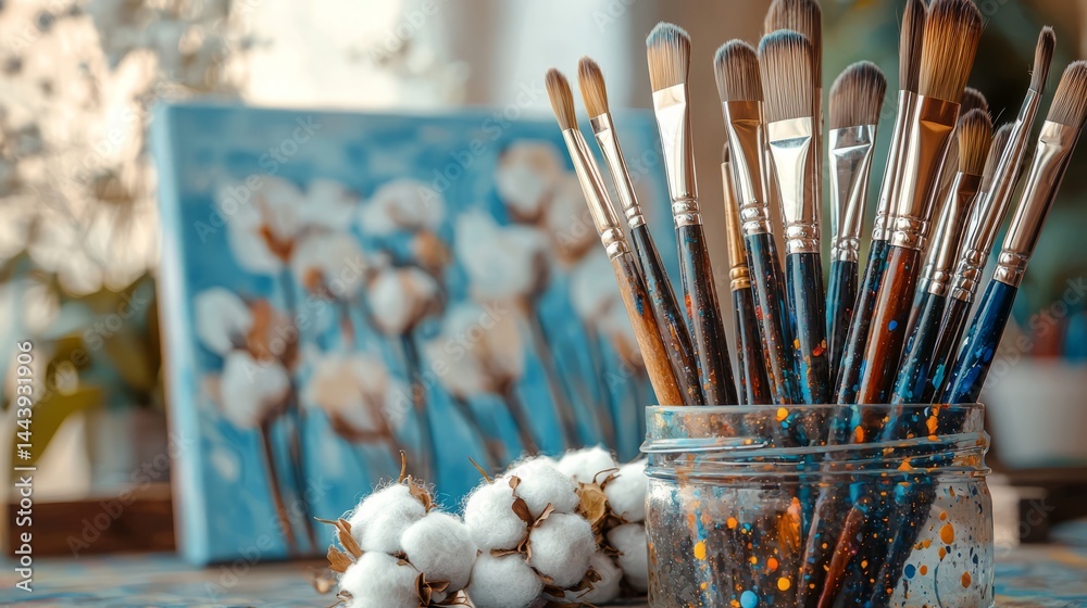 Colorful Paintbrushes in Jar with Cotton Bolls and Artistic Background