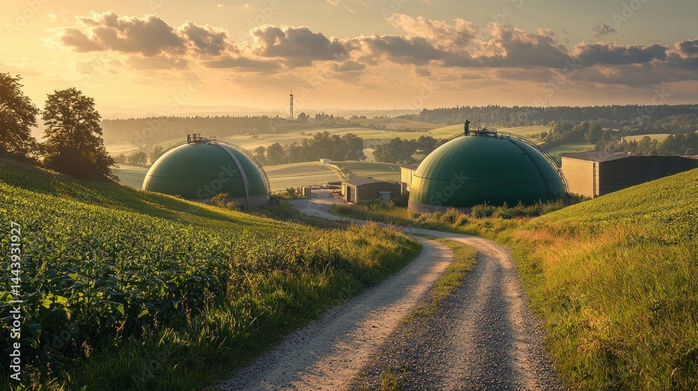 Scenic Landscape with Biogas Plant and Green Hills at Sunset