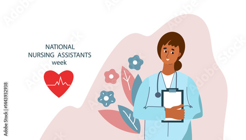 national nursing assistants week. Red heart with lifeline and medical hat illustration.  Healthcare concept celebrating essential medical workers and nurses for banner.  line art vector illustration