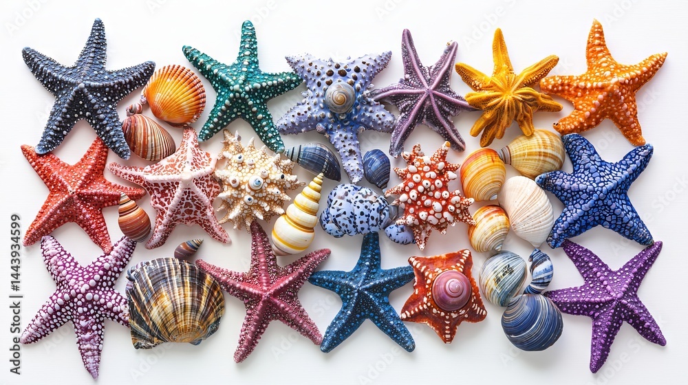 Colorful Collection of Seashells and Starfish on White Background