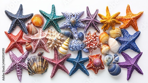 Obraz na płótnie Colorful Collection of Seashells and Starfish on White Background w salonie