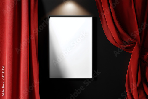 Movie poster mockup frame on Dark Wall with Red Curtain and Spotlight