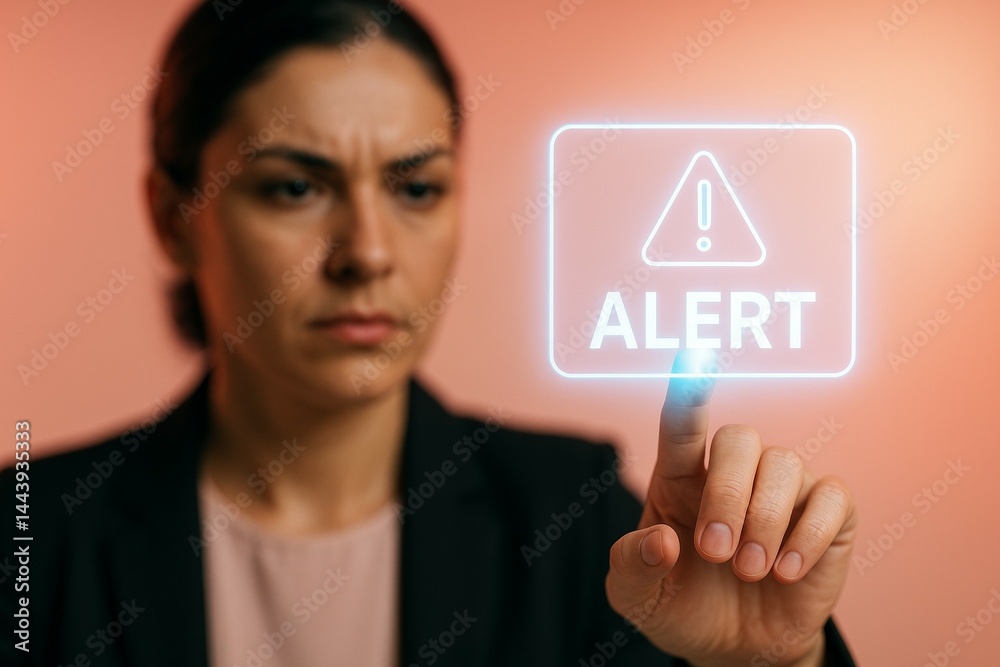 Focused hispanic female adult activating virtual alert button in digital interface