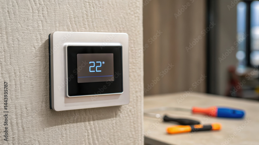 Modern thermostat on wall showing temperature in housing development with tools on table in background Modern thermostat on wall showing temperature in housing development with tools on table in background
