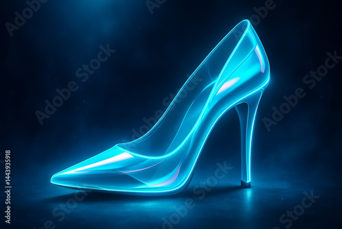 Futuristic neon blue high heel shoe glowing in dark setting