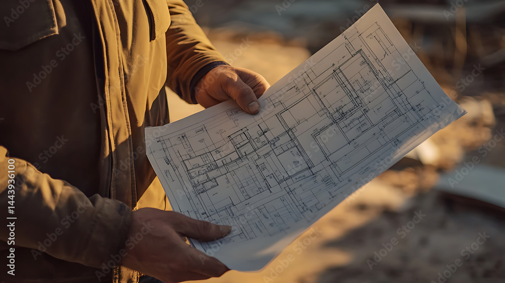 Naklejka premium Construction Worker Holding Blueprint at Site
