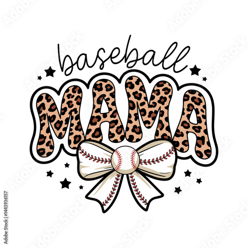 Trendy baseball mama design featuring bold leopard print lettering, a white bow with baseball stitching, and scattered black stars, ideal for sports moms and team supporters