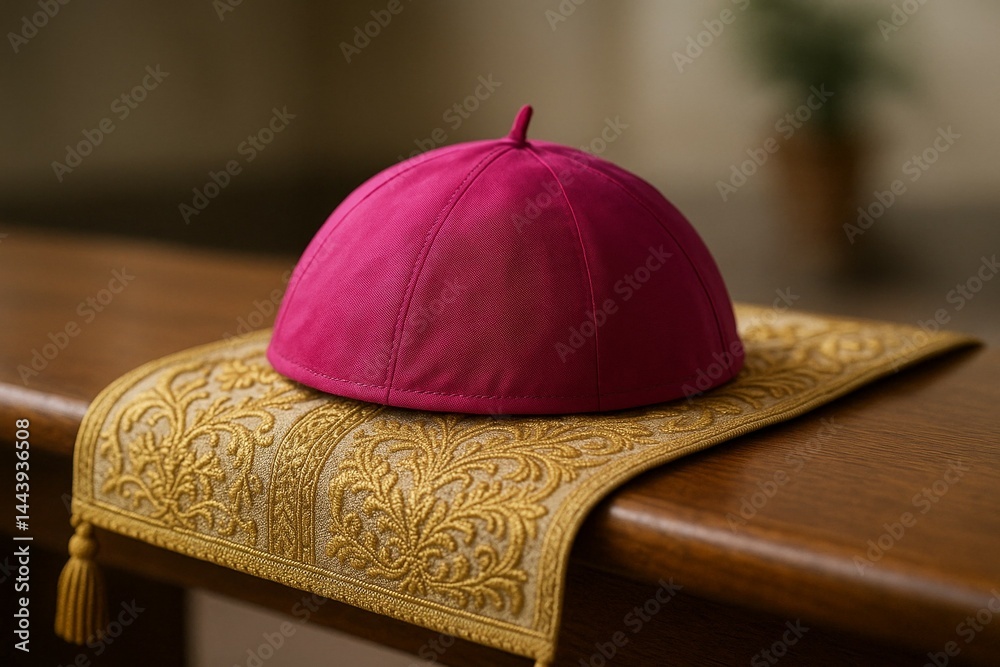 Pink clerical biretta on ornate gold brocade clergy vestment in church setting
