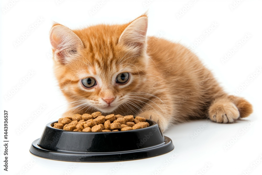 Kitten is eating from a black bowl