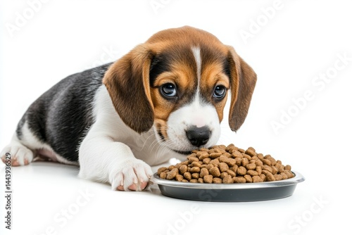 Cute brown and white dog is eating food from a bowl