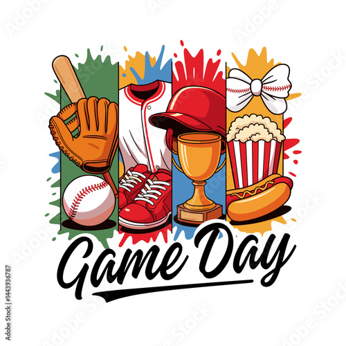 Bold and colorful baseball game day illustration featuring glove, bat, jersey, helmet, sneakers, trophy, popcorn, hot dog, and baseball bow, perfect for fan gear, t-shirts, and event graphics