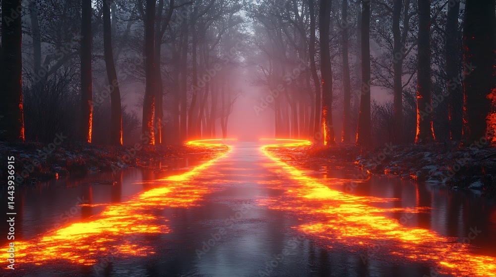 Forest pathway with orange light Forest pathway with orange light