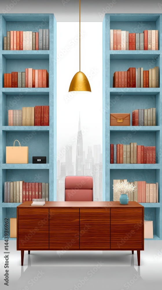 Fototapeta premium Modern Office Desk Bookshelves City View Professional Workspace