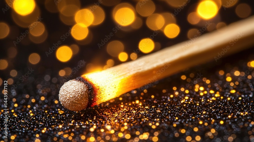 Burning match on dark glittery surface