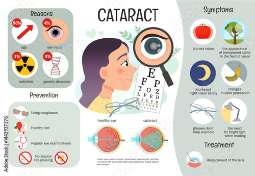 Vector infographics cataract. Medical poster symptoms, risk factors, causes of the disease. Scheme of a healthy eye and an eye with cataract.
