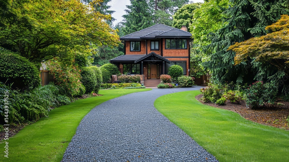 Charming Residential Home Surrounded by Lush Greenery and Scenic Pathway