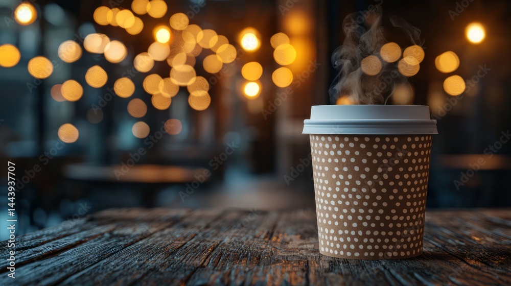 Warm Coffee Cup on Rustic Table with Glowing Bokeh Background Lights