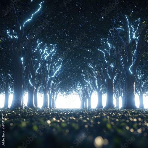 Electrically charged forest pathway glows with ethereal light.