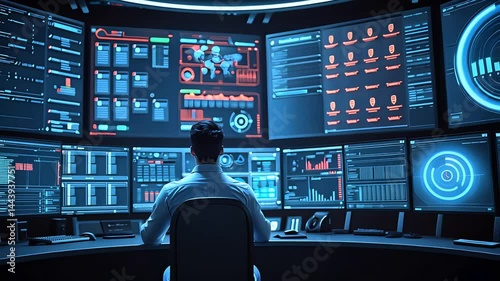 Man monitoring cybersecurity network on multiple digital dashboards in control room