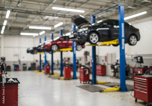 A row of cars being serviced at a busy auto repair shop, ready for maintenance checks.