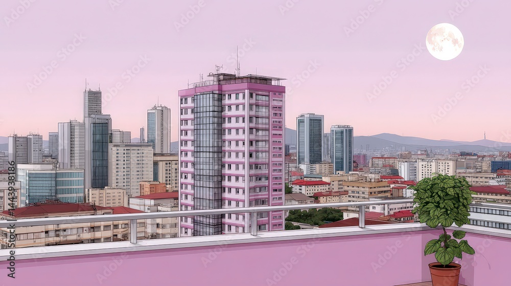 Fototapeta premium Anime Cityscape Night View from Balcony Urban Fantasy Pastel Colors