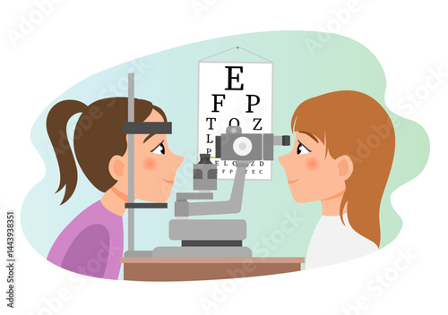 Ophthalmological examination on equipment. Vector medical illustration. Eye diseases concept.
