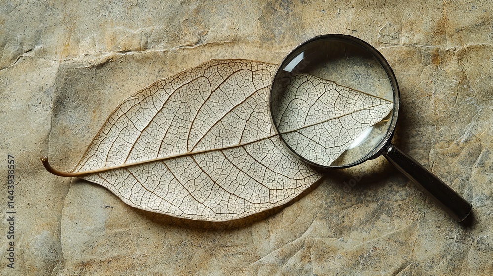 Magnifying Glass Over Dried Leaf on Textured Surface Close-Up Image