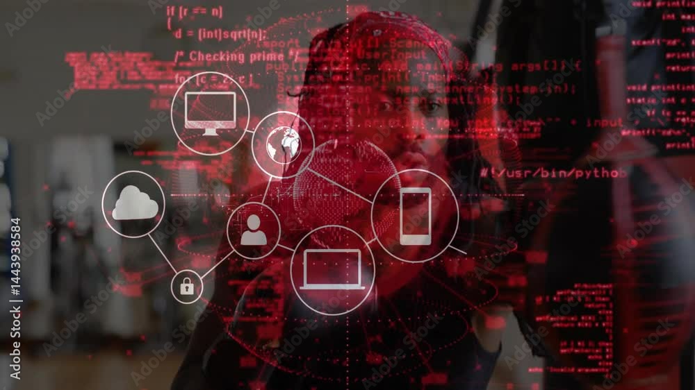 Man wearing VR headset punching in fitness tech studio, showing red code overlay with network icons
