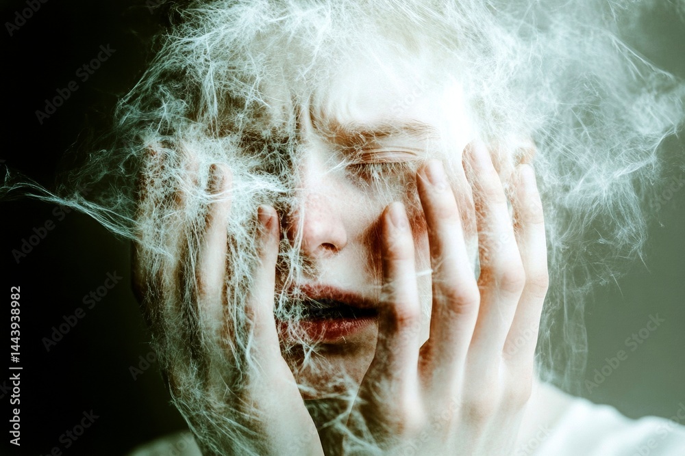 Fototapeta premium Hallucination - due to chronic insomnia: abstract image of human state. Optical illusion. Blurry vision. Neurological abnormality. Metaphorical chronic insomnia perceptions of a mental illusio.