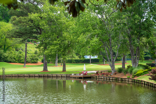 RiverPines Golf, Johns Creek, Georgia. Peaceful background of large green field and a lake. A nice setting to enjoy the cool weather and sun shines. 