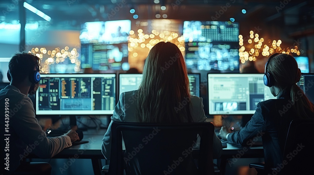 Professionals Working in a Modern Control Room Environment with Screens