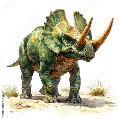 illustration of Herd Of Triceratops In The Cretaceous Period, watercolor vector, isolated on a white background.