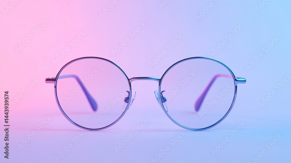Round eyeglasses with metallic frame, pink and blue neon light. Round eyeglasses with metallic frame, pink and blue neon light.