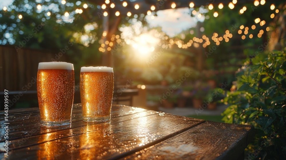 Refreshing Craft Beer Glasses on Wooden Table with Sunset and Lights
